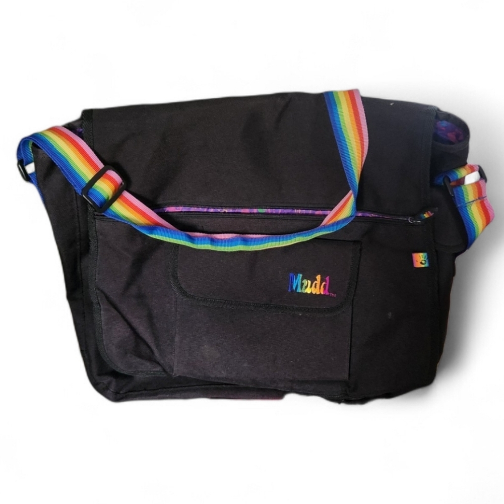 Mudd Vintage Y2K Black Messenger Bag with Multicolor Rainbow Strap